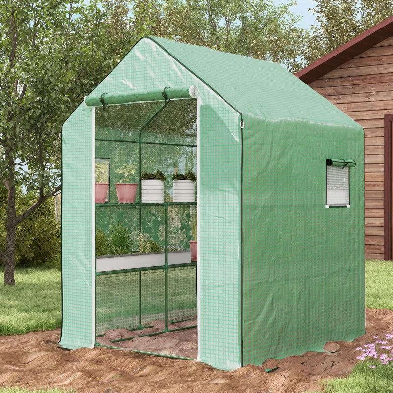 Portable Greenhouse, Walk-In Small Outdoor Green House with 2 Tier U-Shaped Flower Rack Shelves, 4.6' x 4.7', Green