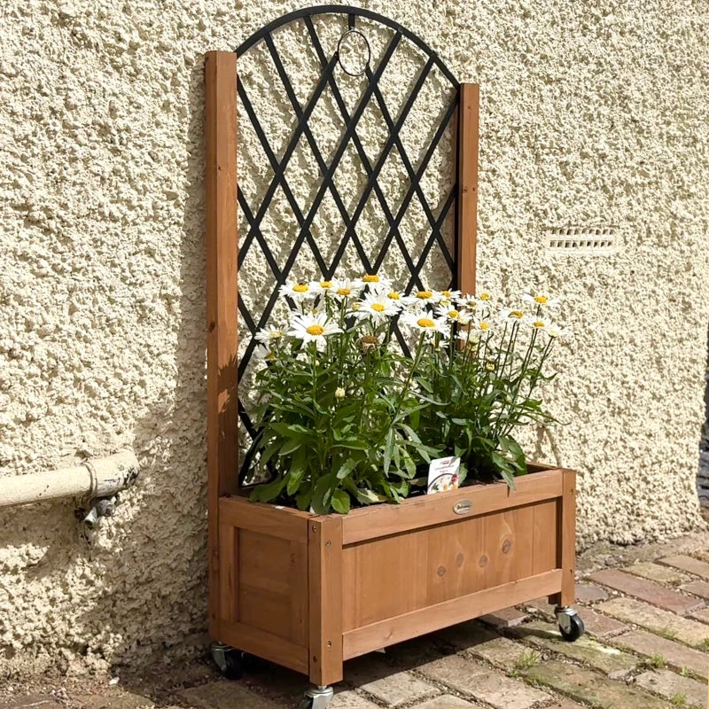 Raised Garden Bed with Metal Trellis, Elevated Planter Box with Wheels and Drainage Holes, 20.5" x 9.8" x 38.2", Brown