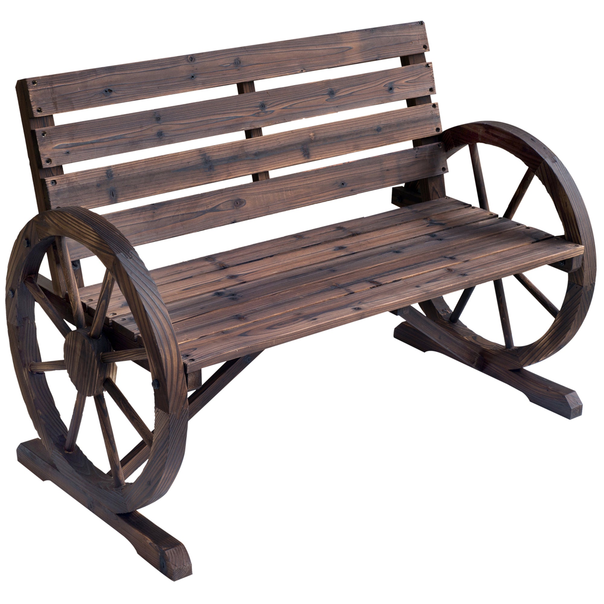 Outsunny 42" Wood Wagon Wheel Bench Rustic Garden Loveseat Outdoor Lounge Chair Brown