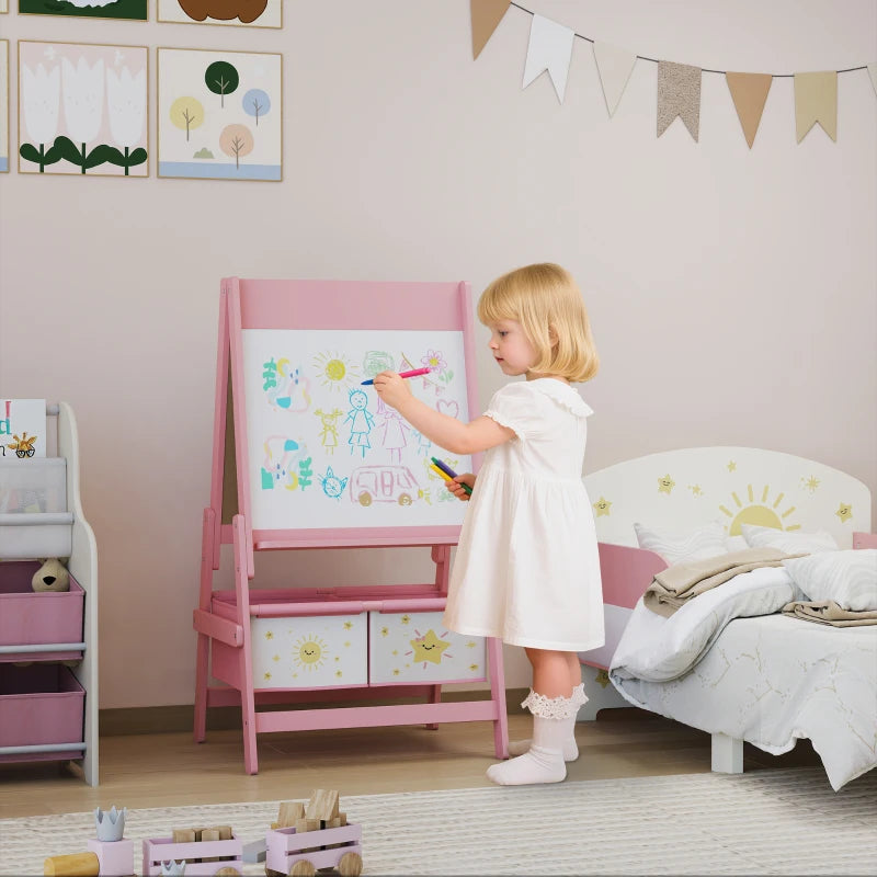 Qaba Art Easel for Kids, Double-Sided Whiteboard & Chalkboard with Paper Roll, 2 Storage Boxes, Gift for Boys, Girls, Pink