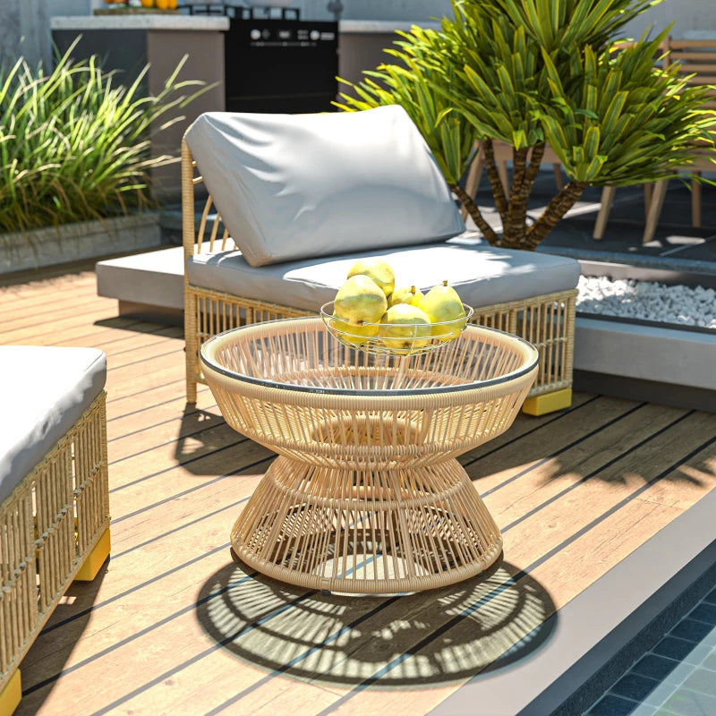 Rattan Outdoor Coffee Table, Patio End Table with Tempered Glass Tabletop & Steel Frame, Wicker Furniture, Nature Wood