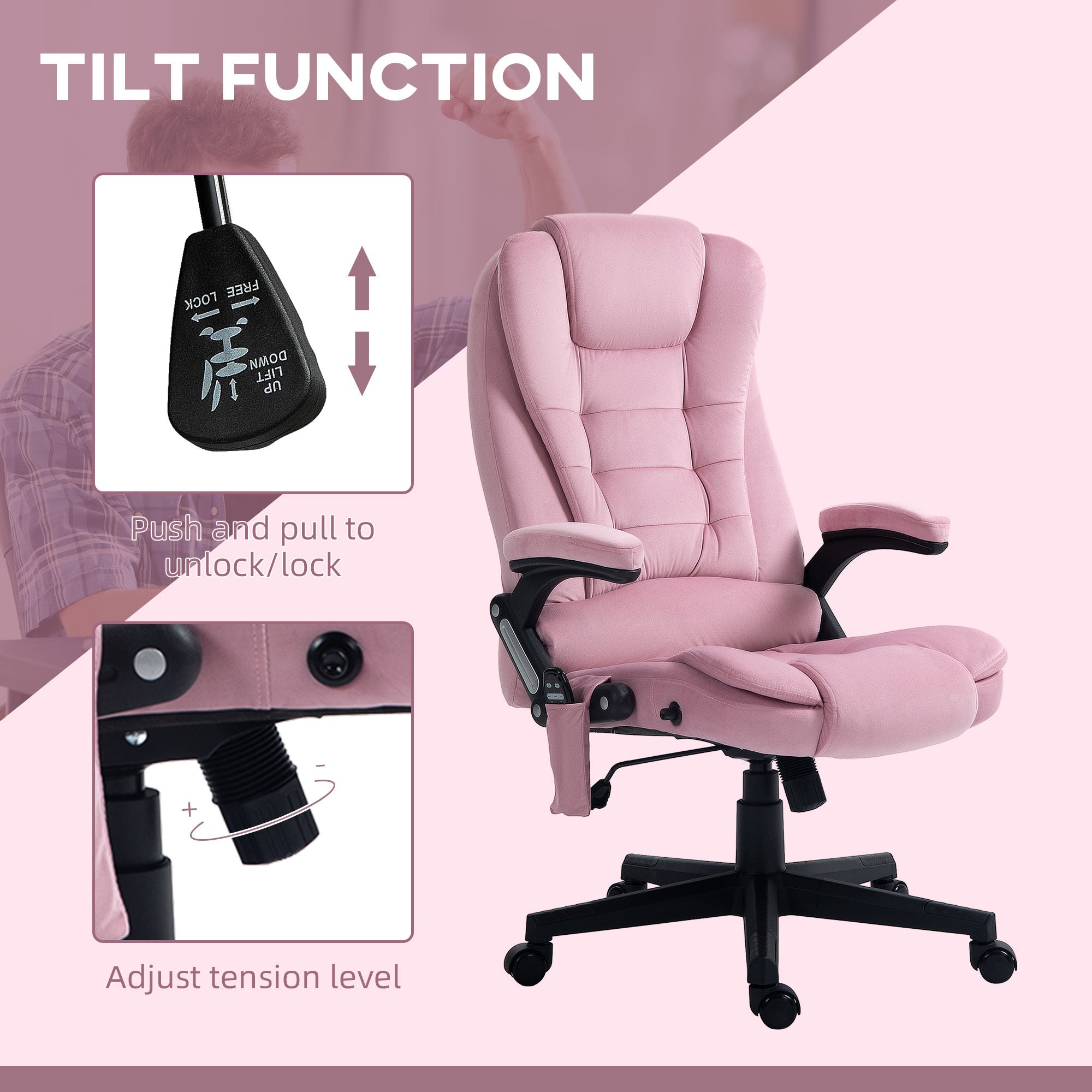 Vinsetto 6 Point Vibrating Massage Office Chair High Back Executive Chair with Reclining Back, Swivel Wheels, Pink