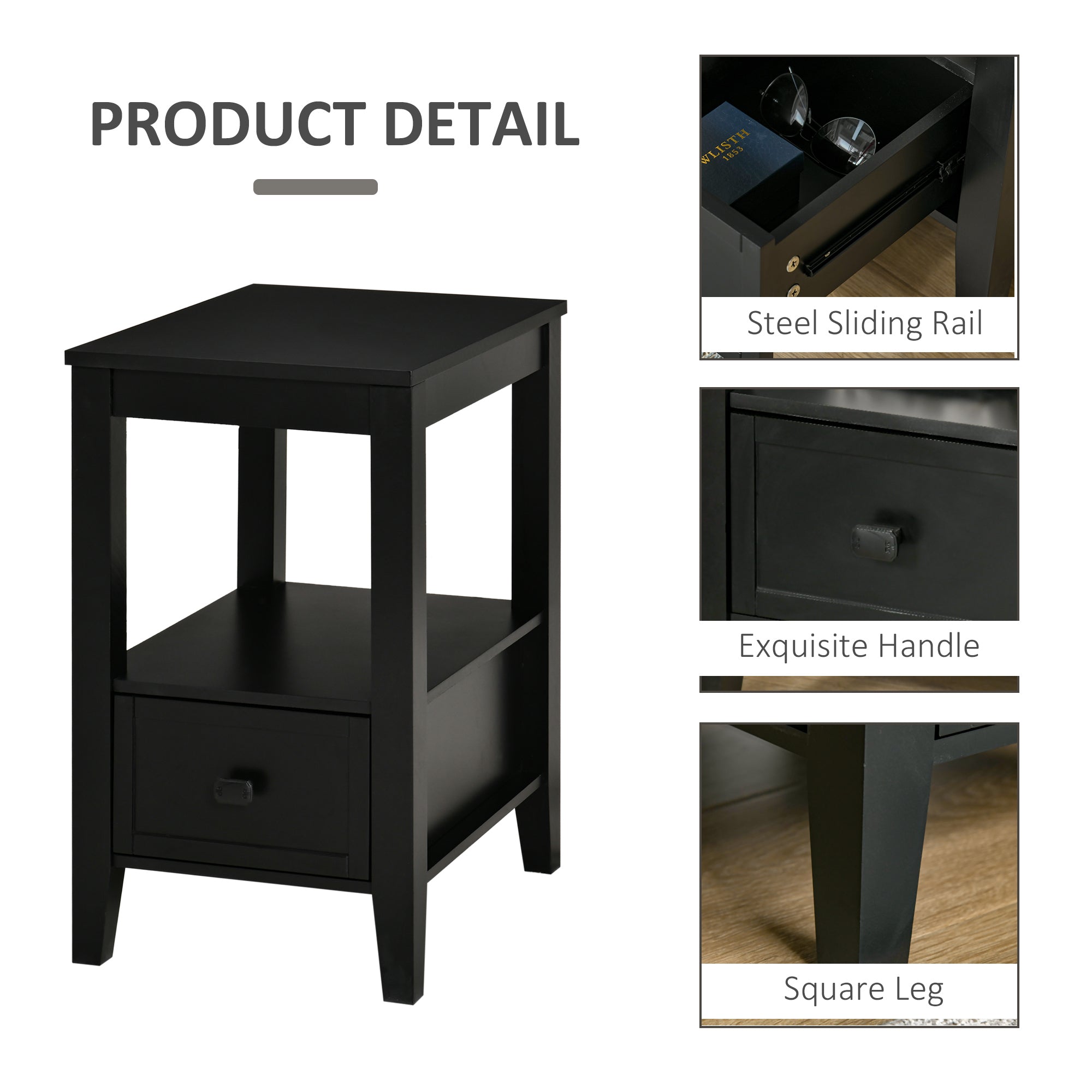HOMCOM Black Modern End Table with Drawer Shelf Sofa Side Table Nightstand Bedroom Living Room