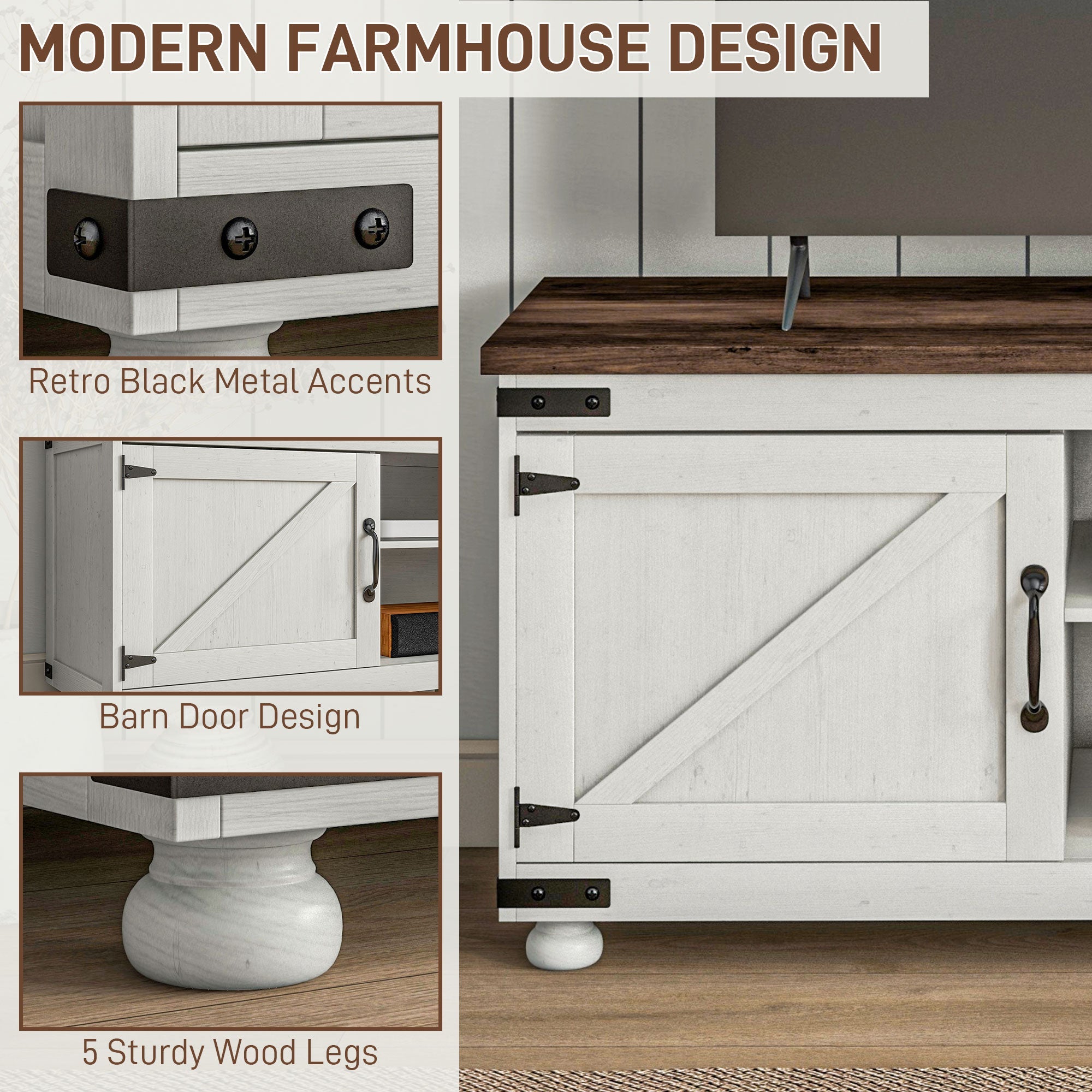 HOMCOM TV Stand Farmhouse Cabinet for up to 65" TV Barn Doors Cable Management Living Room Distressed White