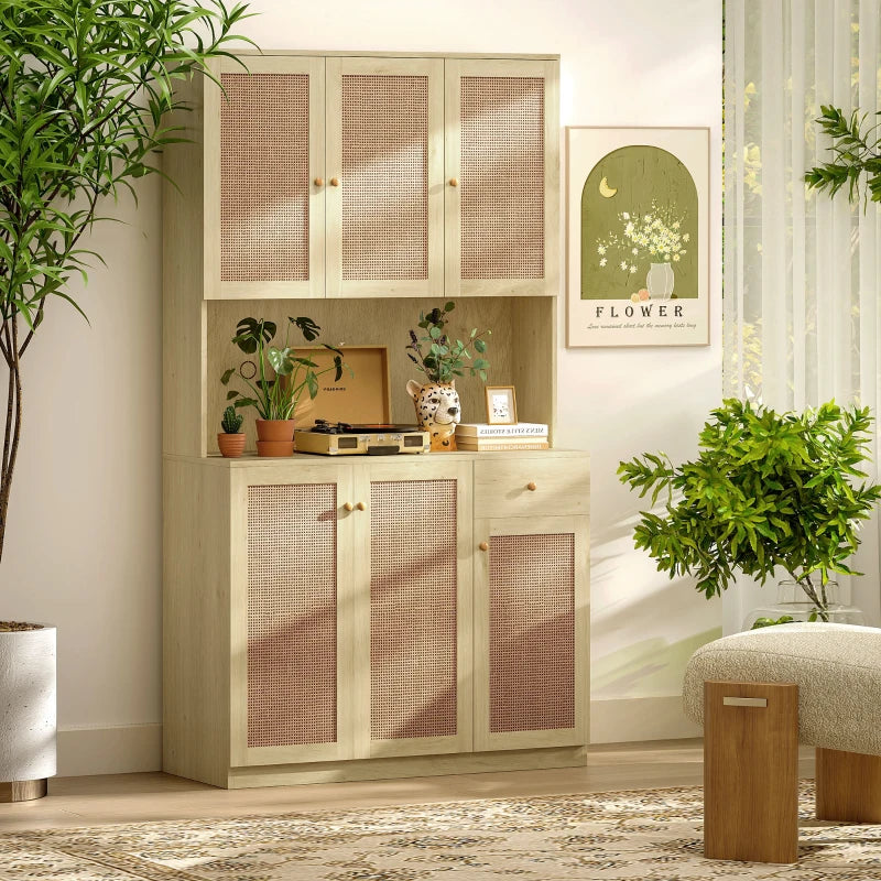 Kitchen Hutch with Microwave Countertop, 71" Boho Kitchen Pantry Cabinet with Decorative Rattan Doors, Natural