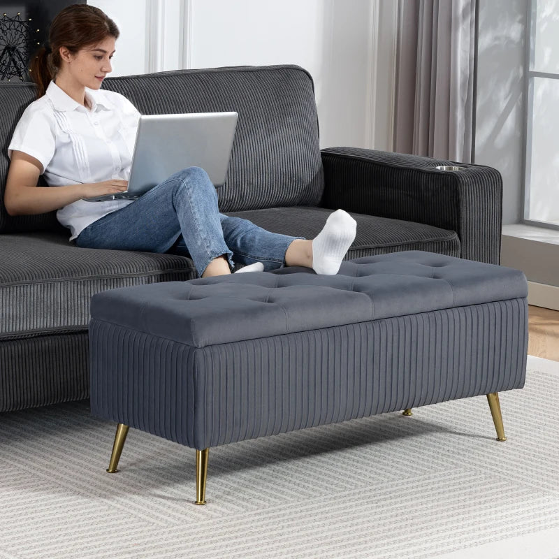 Storage Ottoman Bench, 43 Inch Large Storage Chest with Steel Legs and Padded Seat, Foot Rest, Load 485 lbs, Dark Grey