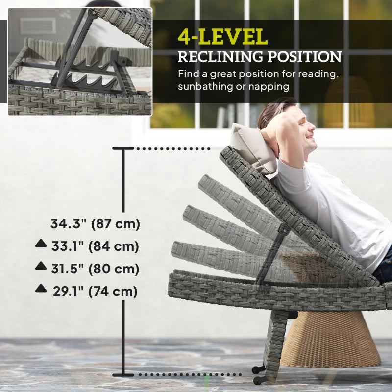 Patio Lounger, Folding Wicker Outdoor Chaise Lounge with 4-Level Adjustable Backrest, Grey