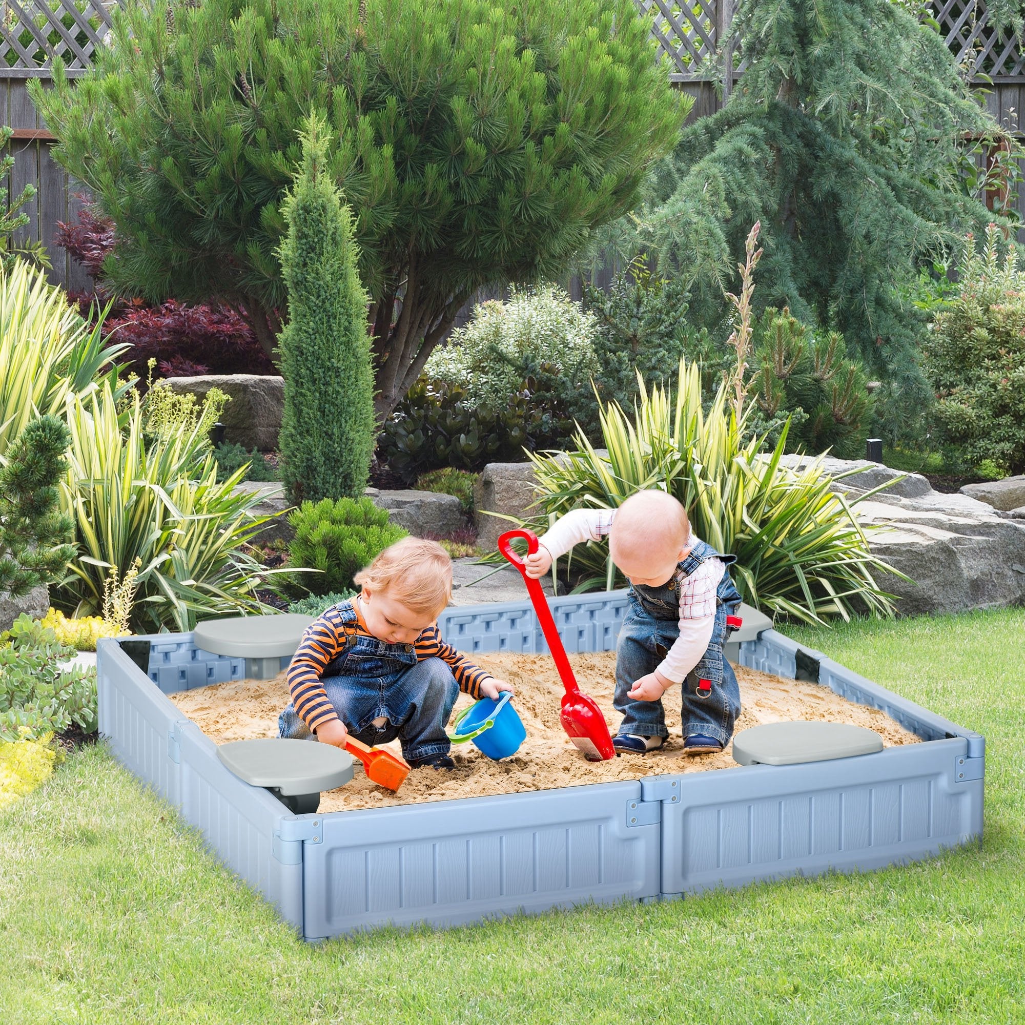 Outsunny Childrens Sandbox with Canopy Light Blue Outdoor Play Area with Bottom Liner for Sun Protection