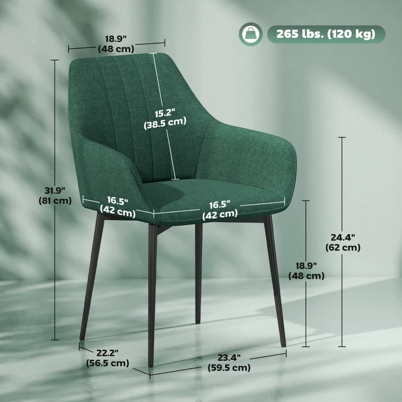 Dining Chairs Set of 2, Upholstered Linen Fabric Accent Chairs with Metal Legs, Dark Green