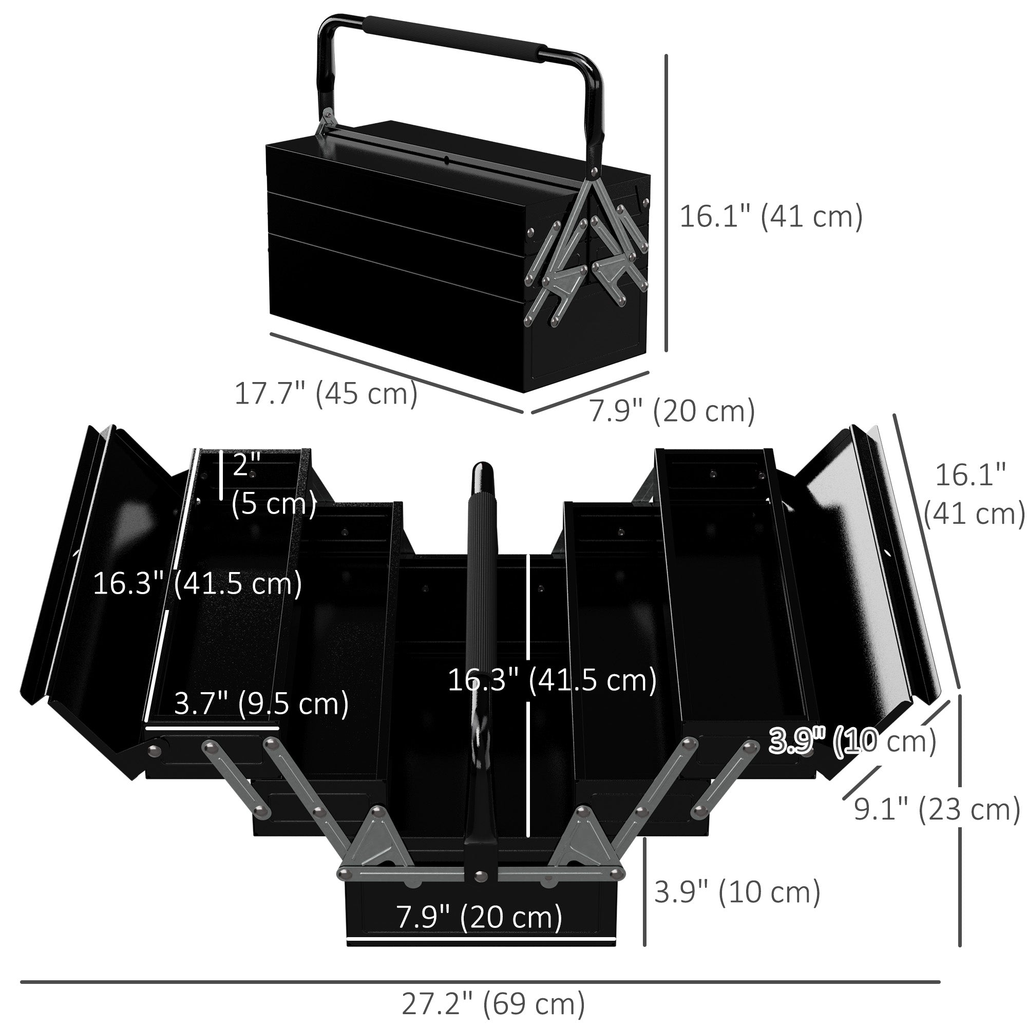 DURHAND 18" inches Metal Tool Box, Portable 5-Tray Cantilever Steel Tool Chest Cabinet, Black