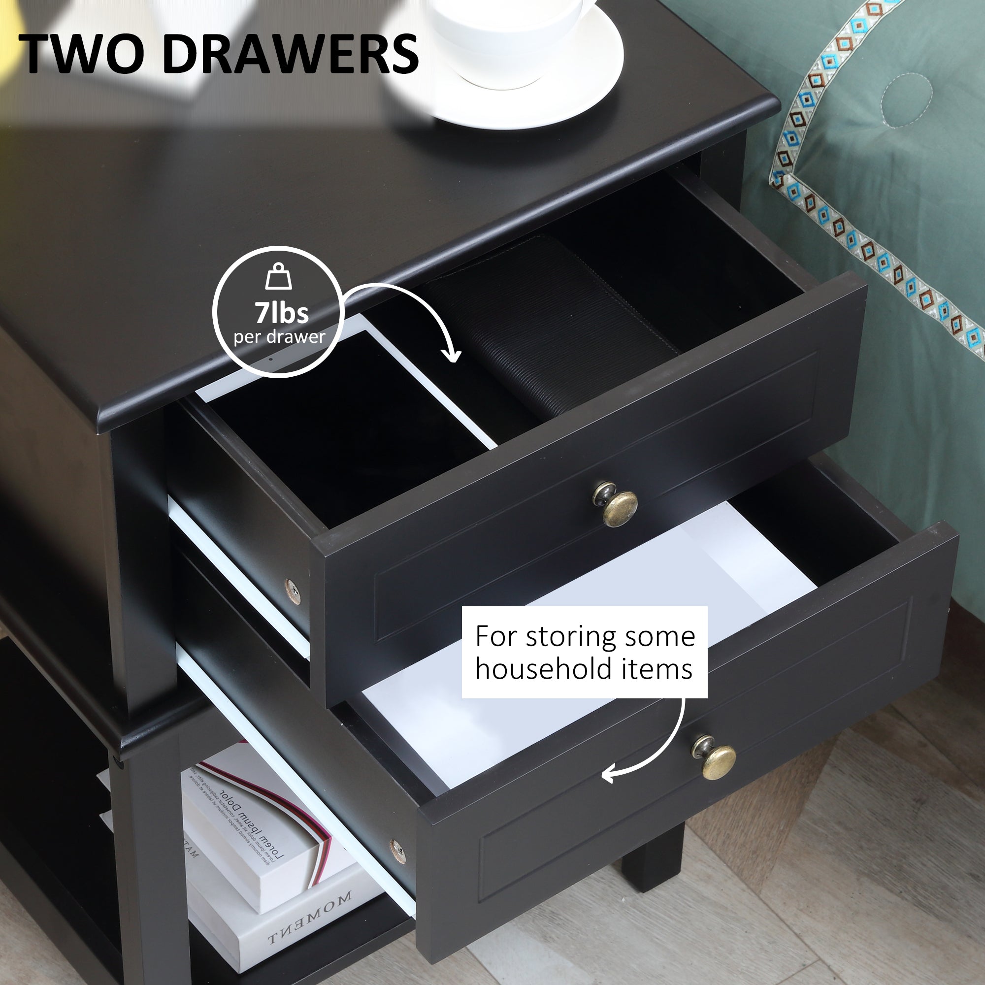HOMCOM Chic End Table: Modern Sofa Side Table with Drawers and Storage Shelf, Nightstand for Bedroom, Living Room, Matte Black