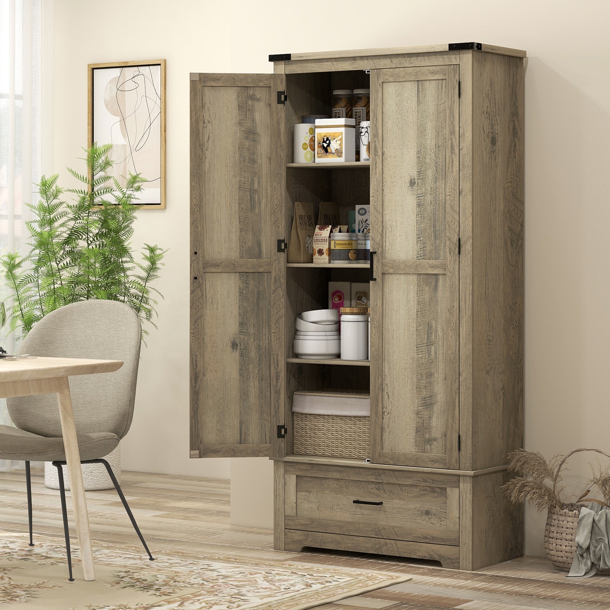 HOMCOM 69" Tall Farmhouse Kitchen Pantry Cabinet with 2 Doors, Drawer and Adjustable Shelves for Dining Room, Grey