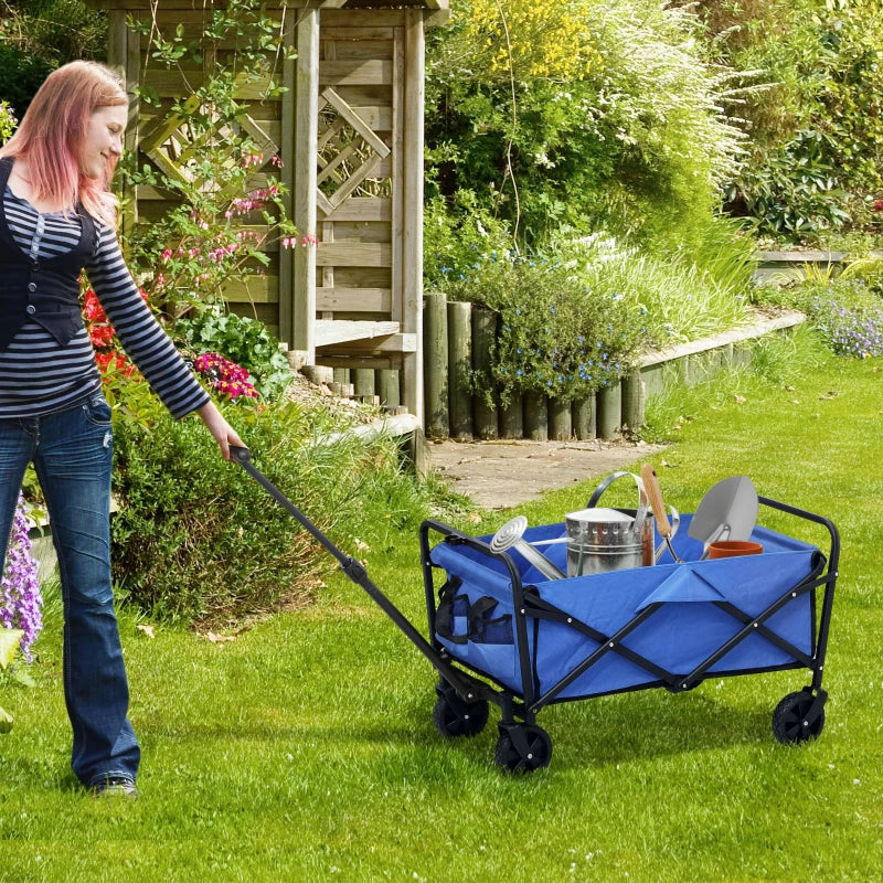 Collapsible Folding Garden Cart, Heavy Duty Lawn Wagon with Universal Wheels and Adjustable Handle, Blue