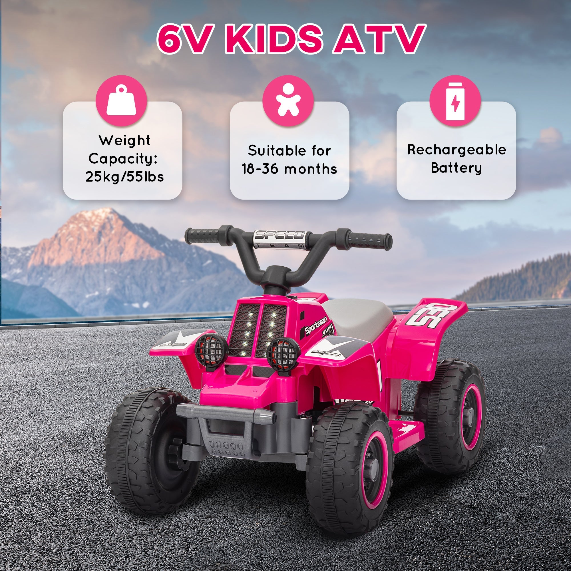 Qaba 6V Kids ATV Quad, 4 Wheeler Battery Powered Electric Ride on Car w/ Lights, Forward Backward, for 3-6 Years, Pink