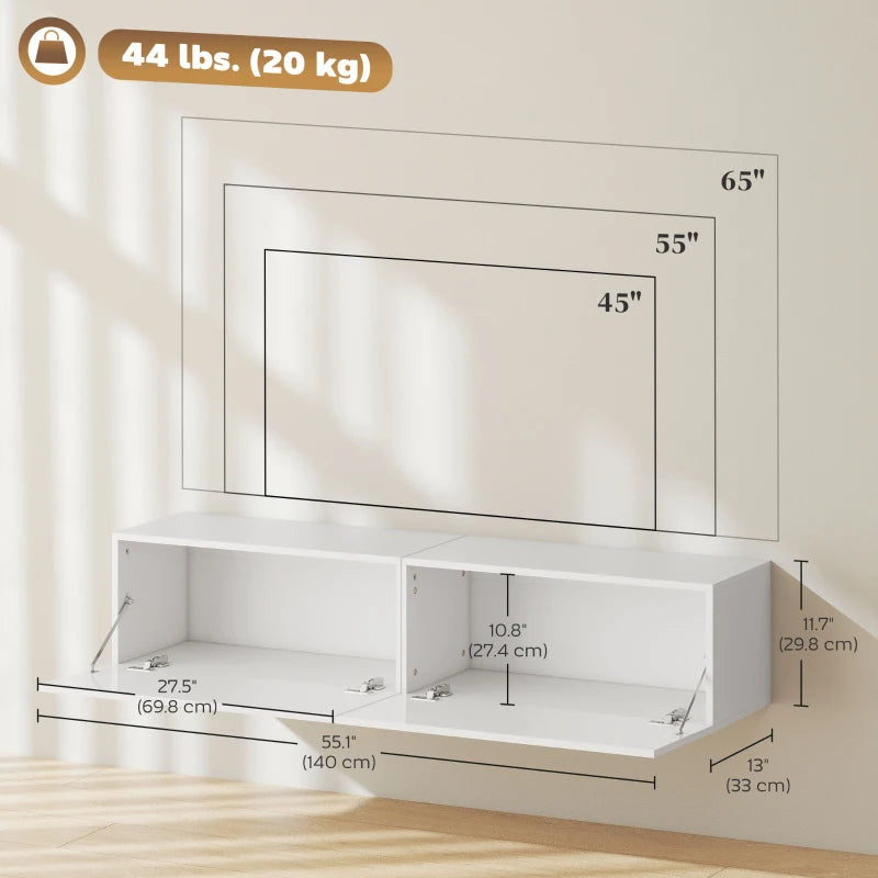 Floating TV Stand with Storage Cupboards for 45, 55, 65in TVs, Wall Mounted TV Console Entertainment Unit, White