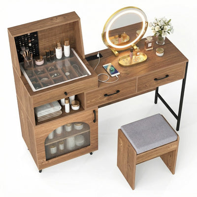 Vanity Desk with LED Lighted Mirror, Jewelry Storage, Charging Station & Cushioned Stool