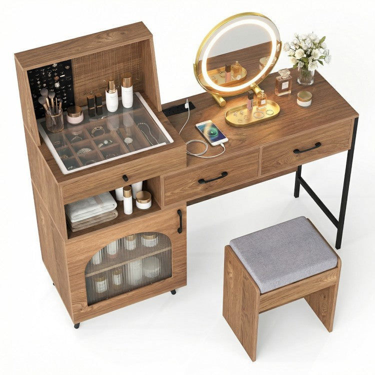 Vanity Desk with LED Lighted Mirror, Jewelry Storage, Charging Station & Cushioned Stool