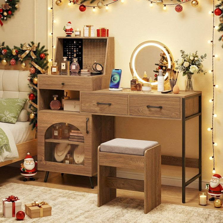 Vanity Desk with LED Lighted Mirror, Jewelry Storage, Charging Station & Cushioned Stool