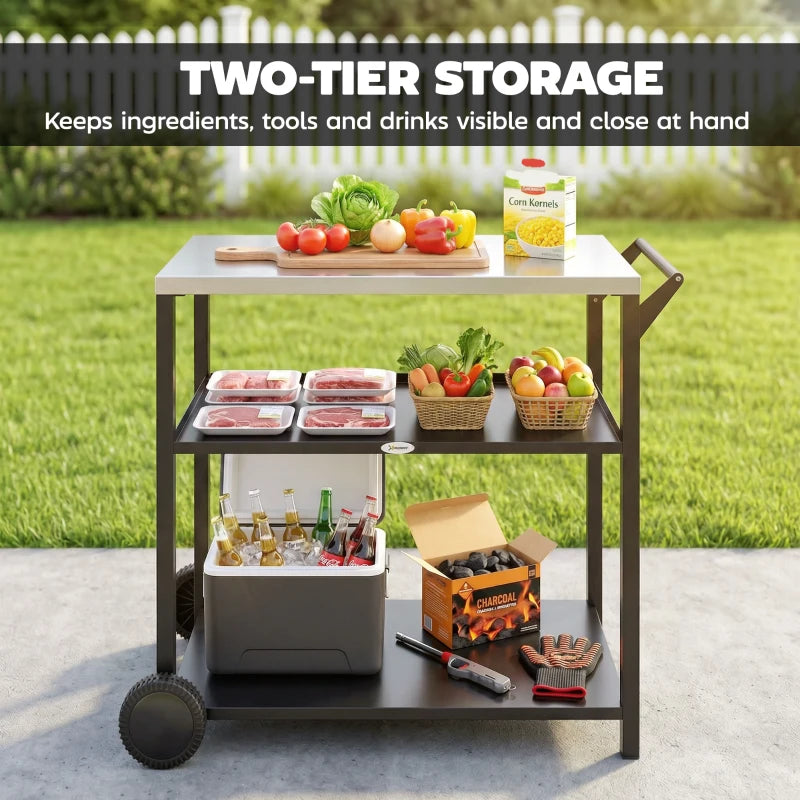Outdoor Grill Cart with Stainless Steel Tabletop, 3-Tier BBQ Stand, Movable Food Prep Table on Wheels, Black