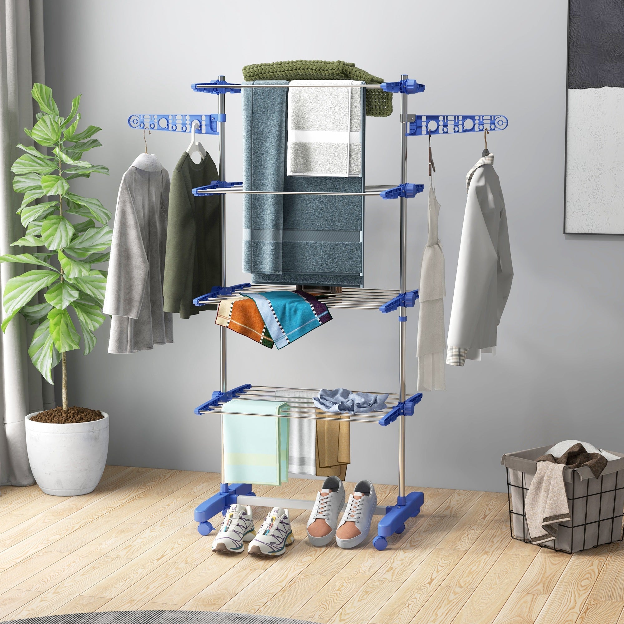HOMCOM Garment Drying Rack Stainless Steel Folding Clothes Hanging Rack with Side Wings Castors for Indoor Outdoor Blue