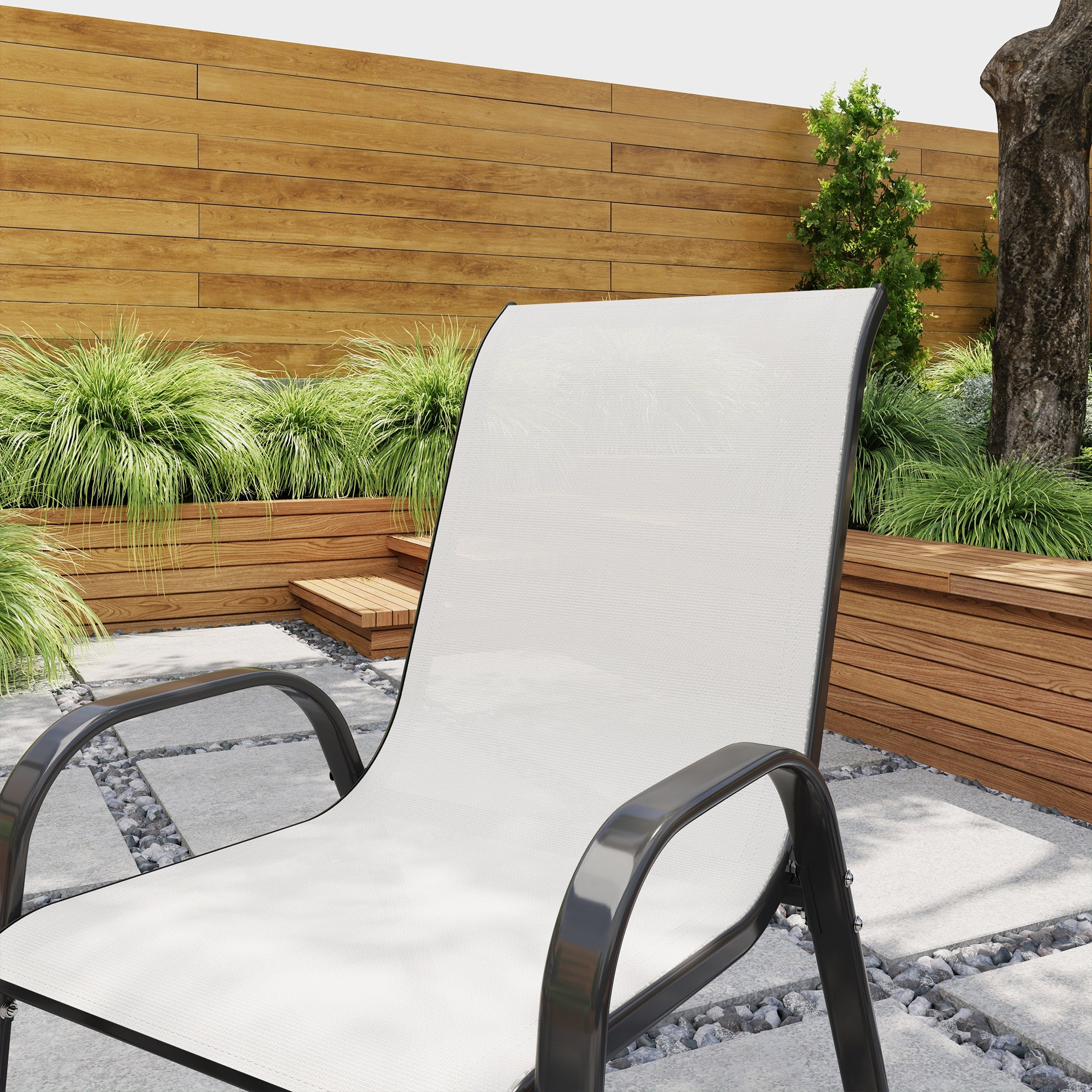 Outsunny Set of 2 Outdoor Dining Chairs, Stackable Lawn Chairs with High Back, Breathable Mesh Seat for Garden Porch, Light Grey