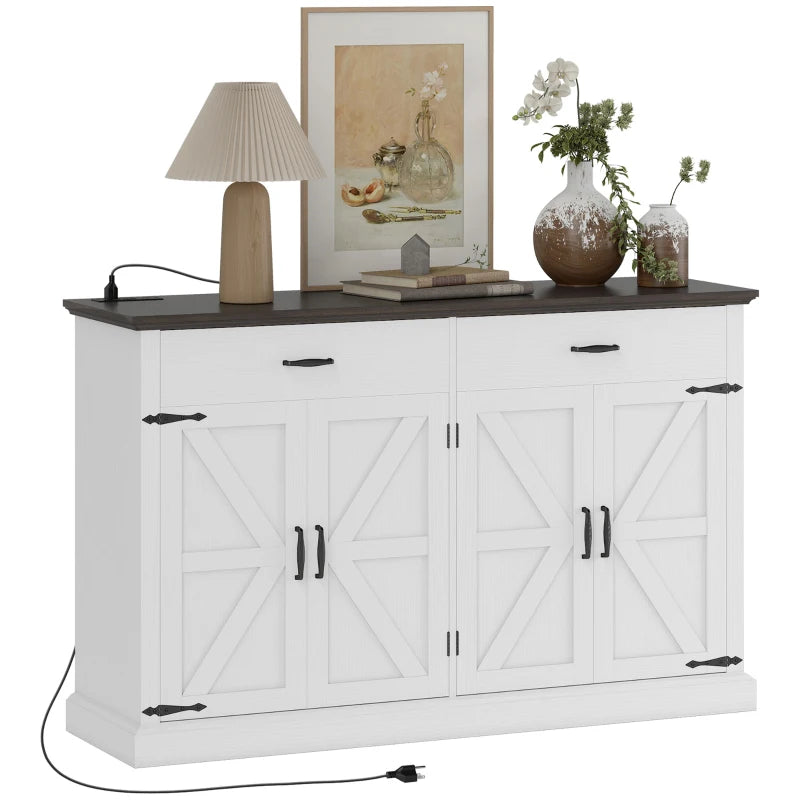 55" Buffet Cabinet, Farmhouse Sideboard with 1.2" Thick Top, 4 Barn Doors, 2 Drawers and 2 Adjustable Shelves, White