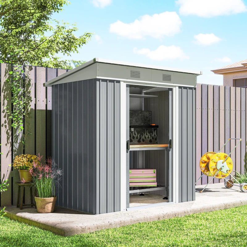 6' x 4' Outdoor Storage Shed, Metal Garden Shed with Lockable Sliding Doors and Vents, Grey