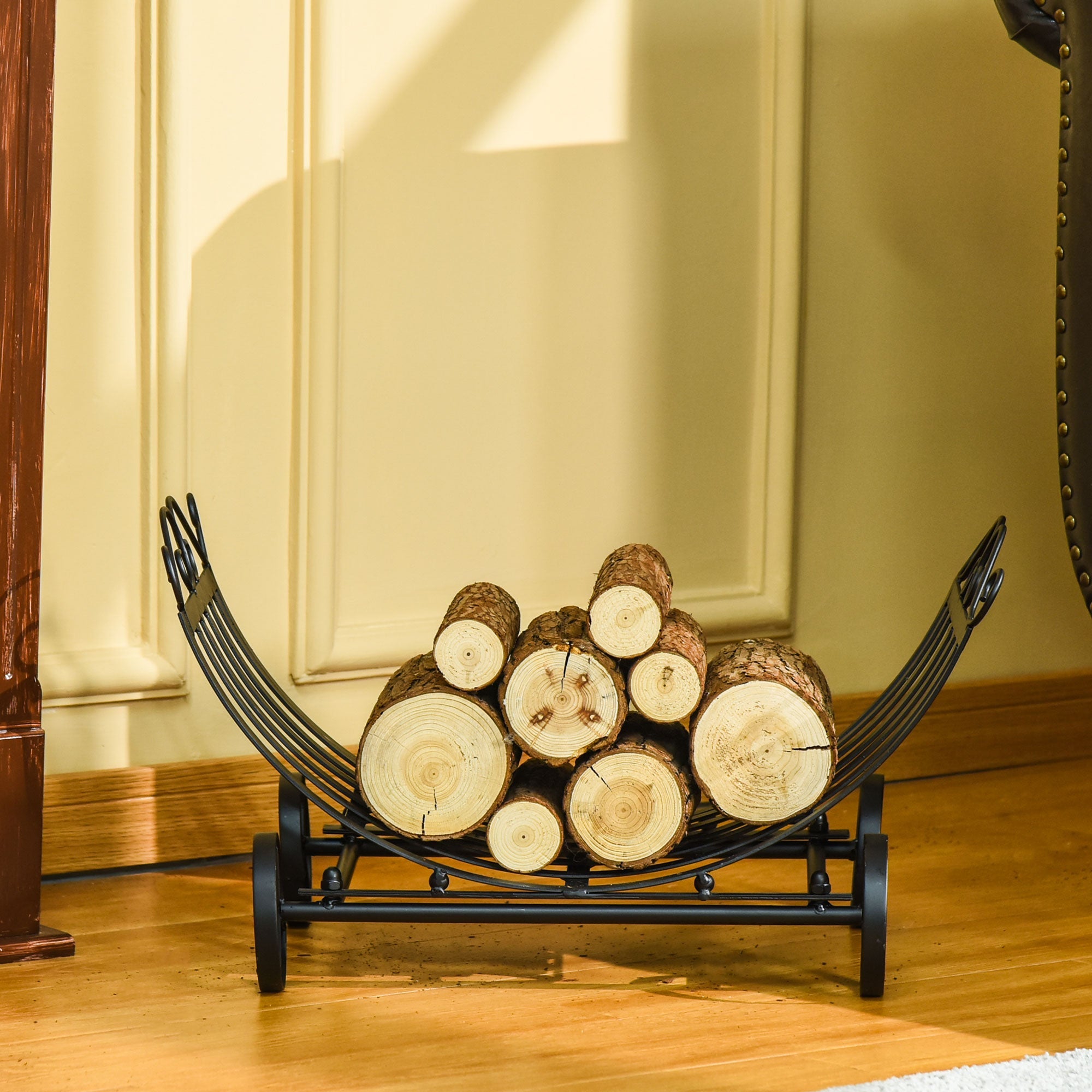 Outsunny Firewood Finesse: 23" Curved Fireplace Wood Holder, Stylish Storage with Scrolls, Indoor Outdoor, Black Finish
