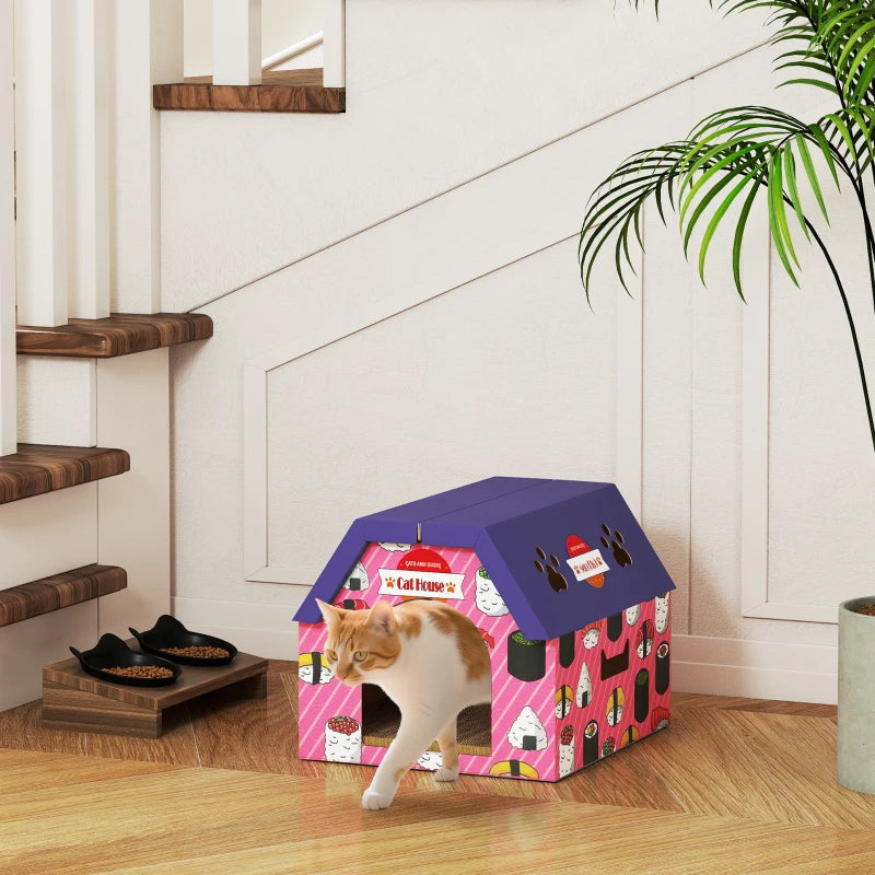 Cat Scratcher House, 2-in-1 Cardboard Cat Scratching Pad with Door, 4 Paw-Shaped Vents and Grass for Indoor, Pink