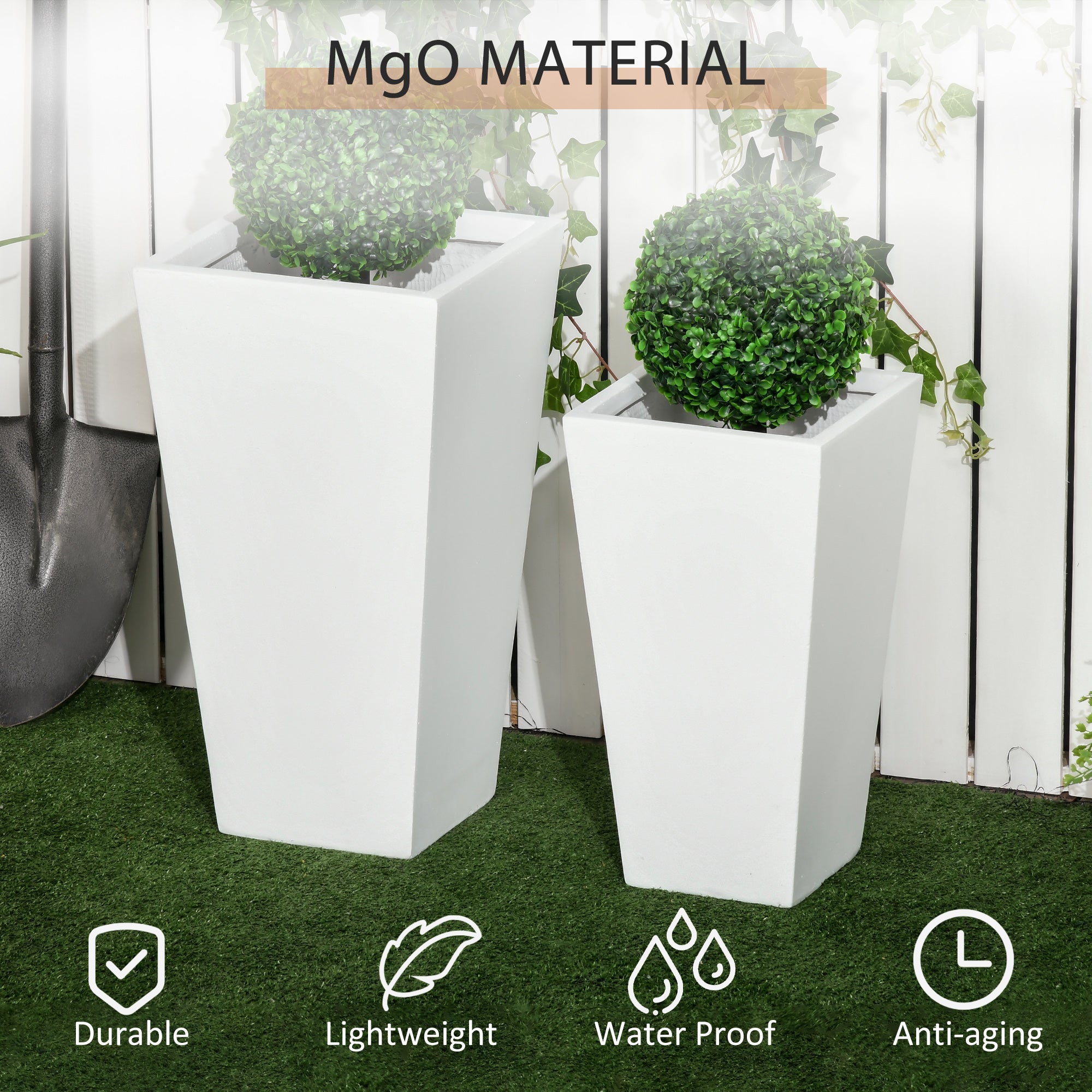 Outsunny Set of 2 Tall Planters with Drainage Holes, 22" / 18" Outdoor Flower Pots for Patio, Yard, Garden, White