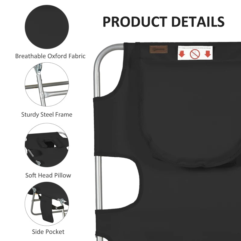 Folding Outdoor Lounge Chair, 5-Level Tanning Chair with Face Hole, Side Pocket, Carry Strap for Beach Pool, Black