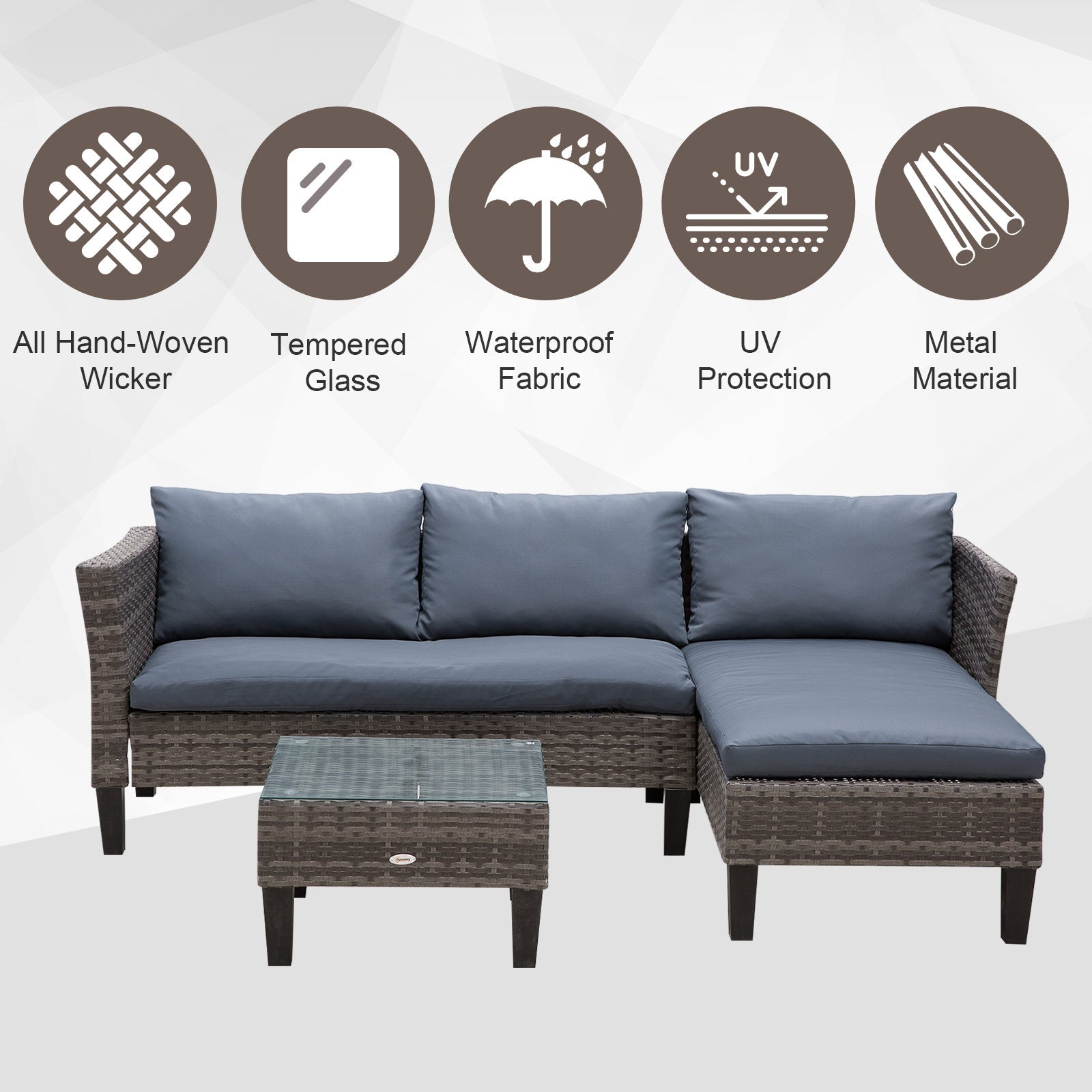 Outsunny 3 Piece Wicker Patio Set - Outdoor Sofa with Glass Tabletop, Cushions, Metal Frame in Grey for Balcony, Patio