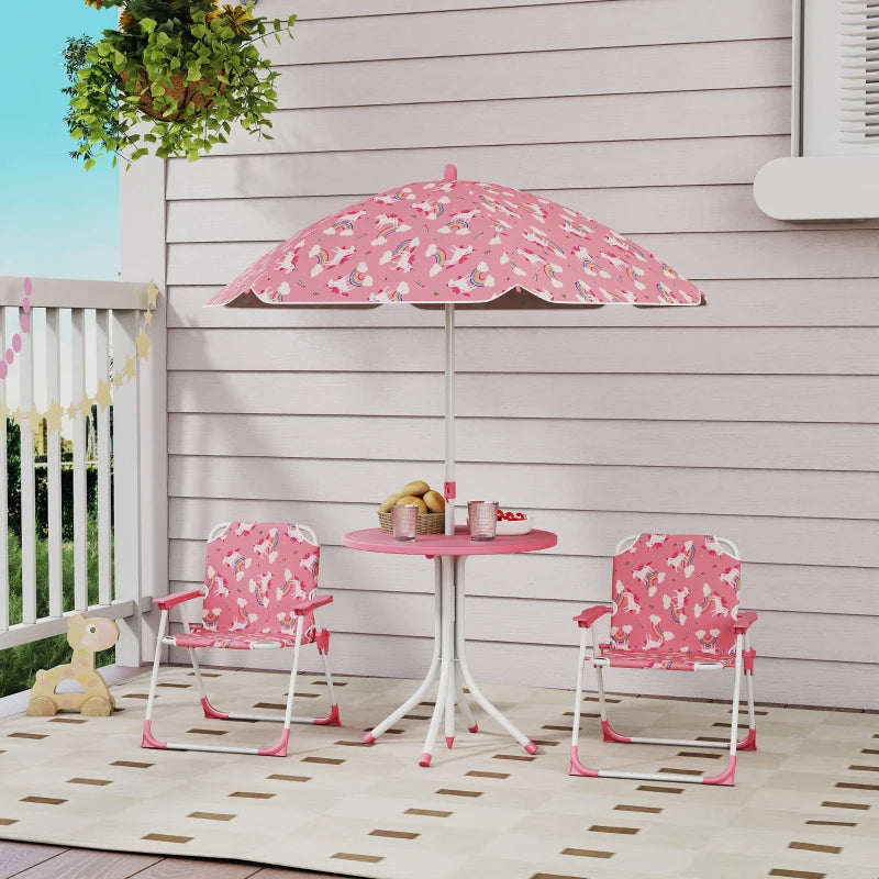 Qaba Kids Picnic Table, Kids Table and Chair Set with 2 Folding Chairs and Umbrella for Backyard, Garden, Patio, Pink