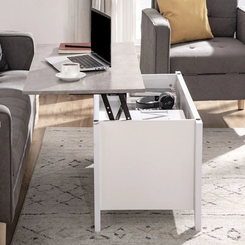 Lift Top Coffee Table with Hidden Storage Compartment and Open Shelves, Lift Tabletop Pop-Up Center Table for Living Room, White