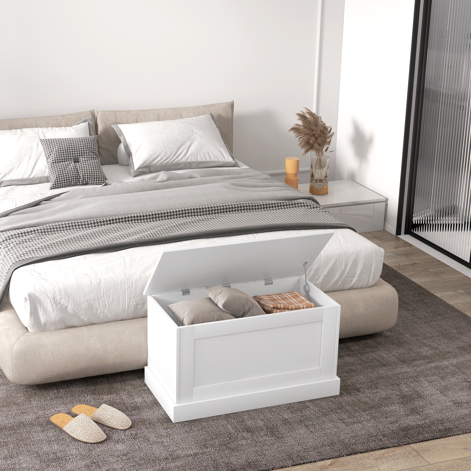 HOMCOM 31.5 Inches Storage Chest, Storage Trunk with Safety Hinge, Wooden Toy Box for Living Room, White Wood Grain