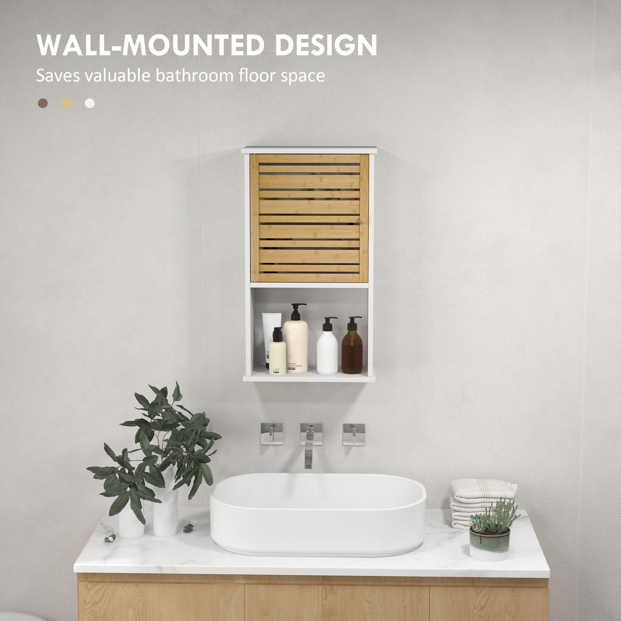 HOMCOM Wall Mounted Bathroom Cabinet Storage Bamboo Slat Door Adjustable Shelf White