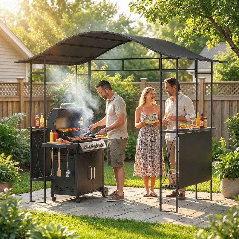 8' x 5' Grill Gazebo Canopy, Outdoor BBQ Shelter with 2 Side Shelves, Dark Grey