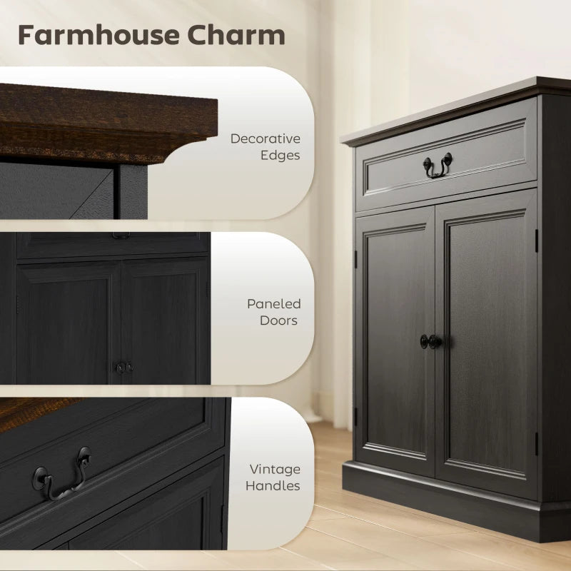 Buffet Cabinet, 32" Farmhouse Sideboard with Thick Top, Quiet Drawer and Adjustable Shelf, Black Wood Grain