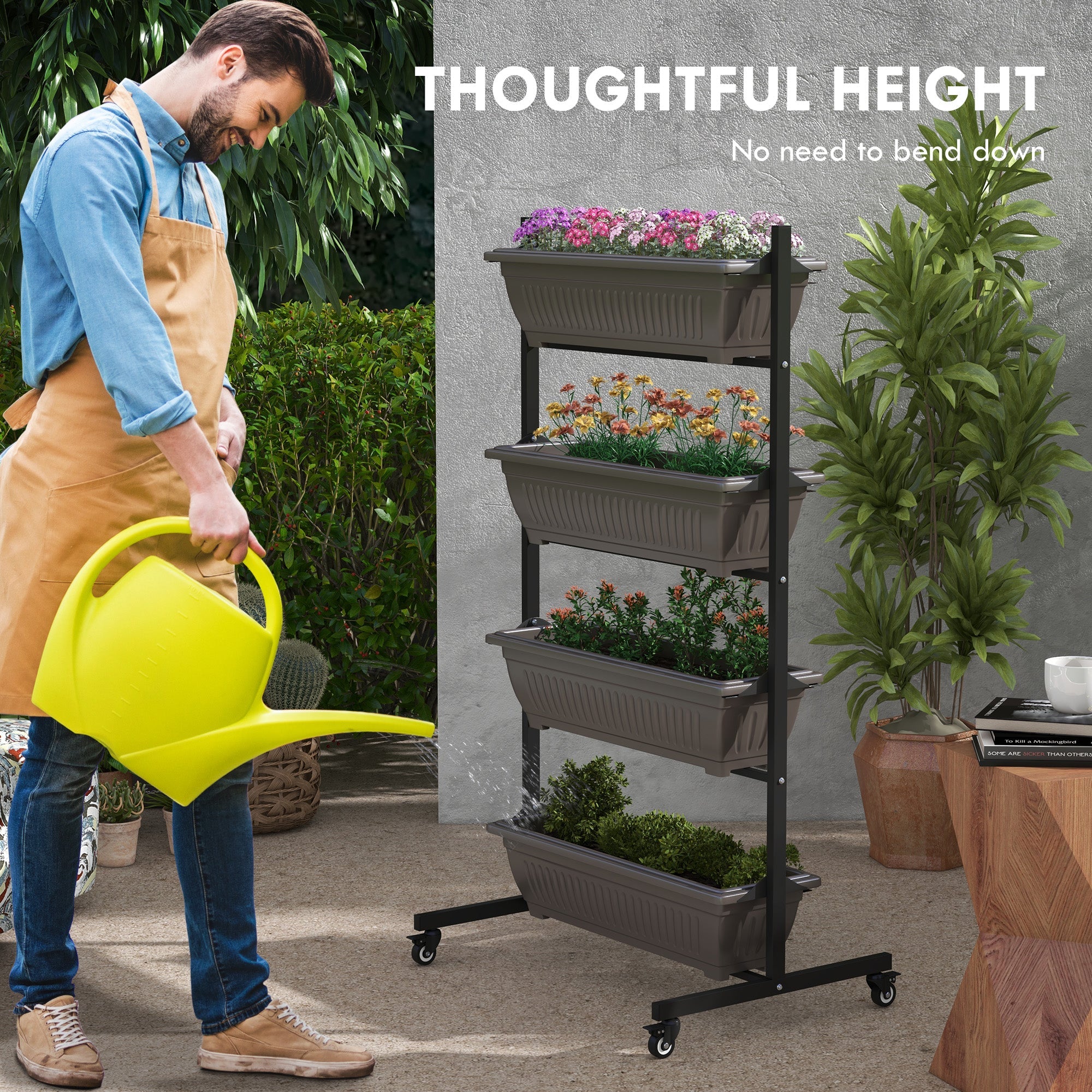 Outsunny 4-Tier Vertical Garden Planter with Wheels 4 Boxes Outdoor Plant Stand for Vegetables Flowers Brown
