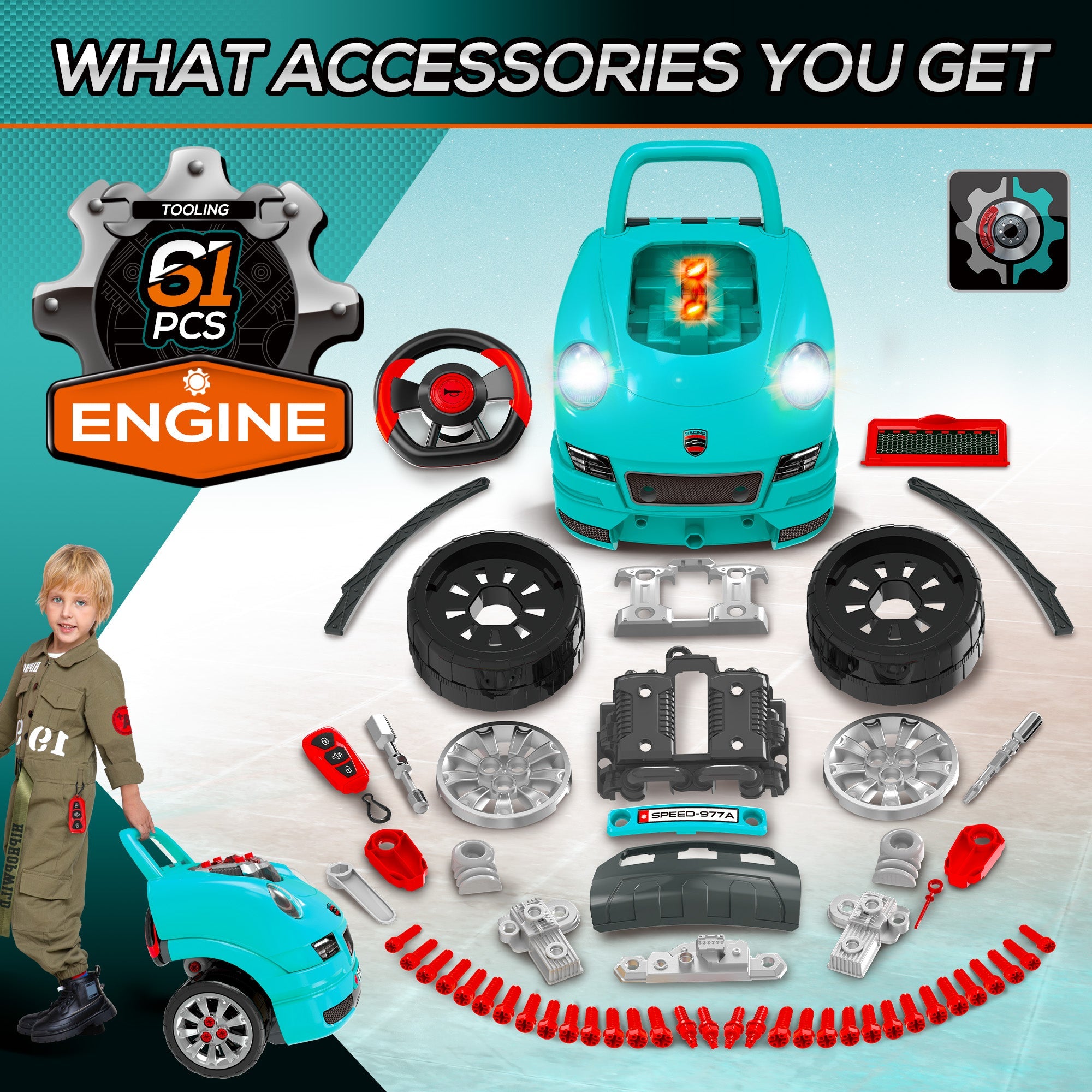 Qaba Kids Mechanic Truck Engine Repair Toy Set Car Service Teal Playset with Tools for Pretend Play