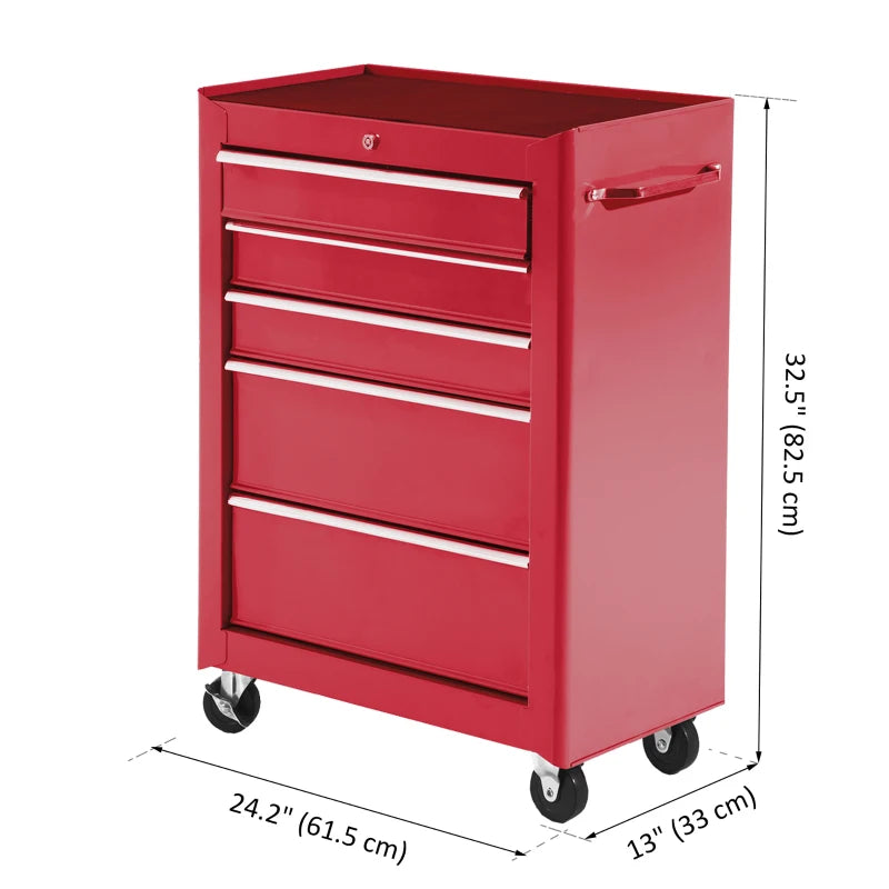 5-Drawer Rolling Tool Cabinet on Wheels, Lockable Tool Chest, Tool Organizer for Garage, Factory and Workshop, Red