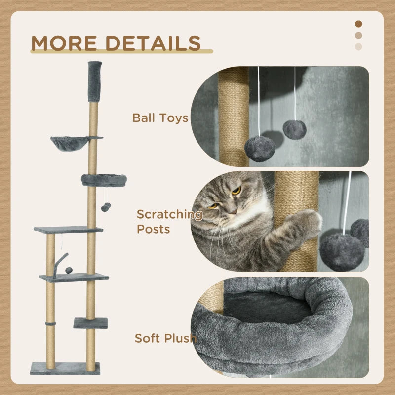 Floor to Ceiling Cat Tree, 90.5" - 98.5" Cat Tower with Scratching Post, Dangling Balls, Platforms, Bed, Hammock, Grey