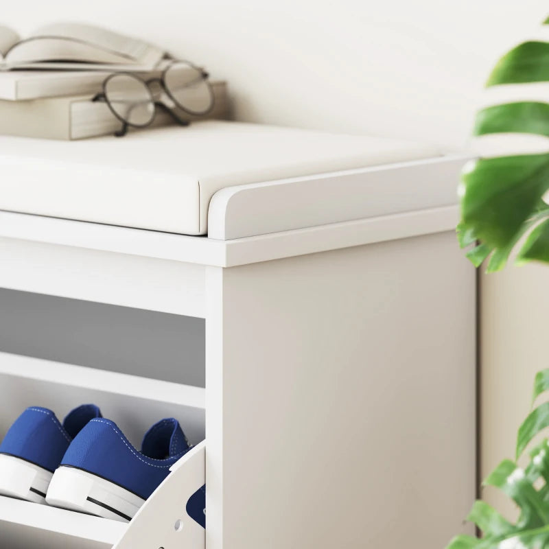 Entryway Bench with Padded Seat and Flip-Drawers, Holds up to 265lbs, Shoe Storage Bench for 8 Pairs of Shoes, White
