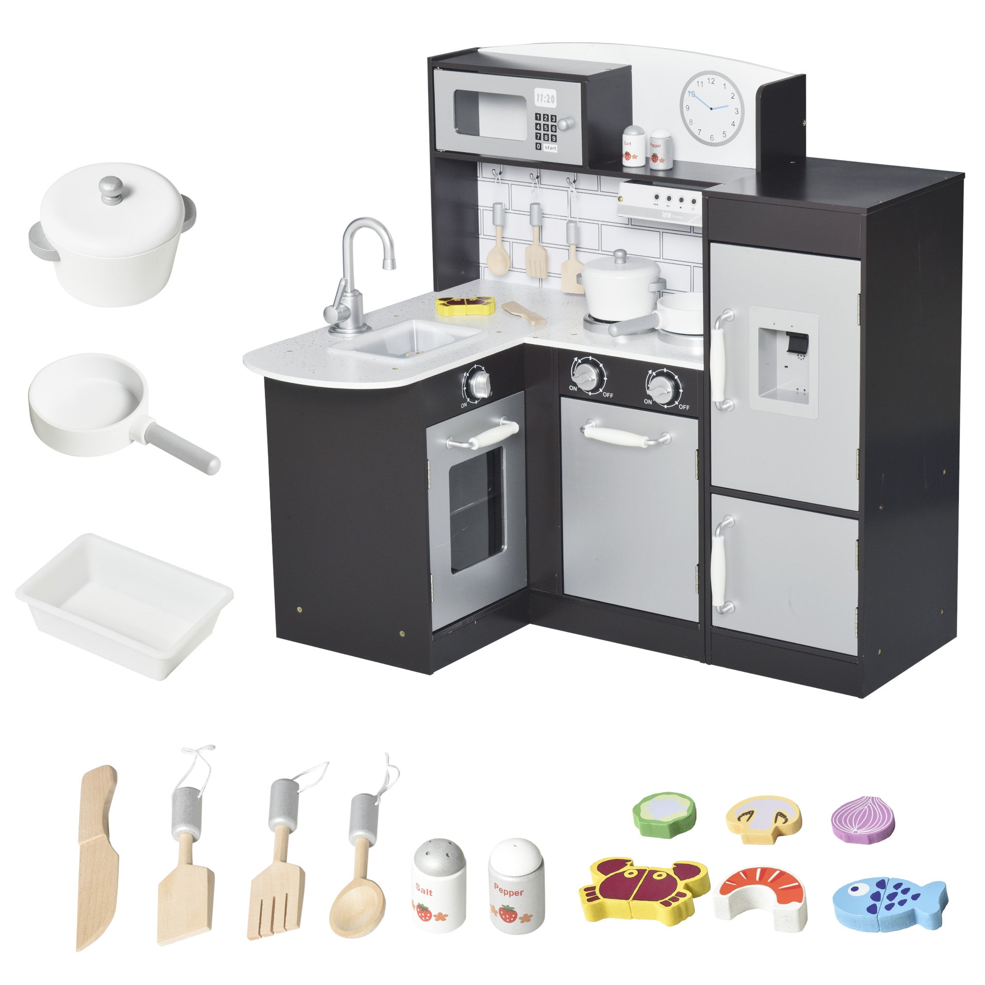 Qaba Play Kitchen Set for Kids - Black Cooking Toy with Drinking Fountain, Microwave, Fridge & Accessories