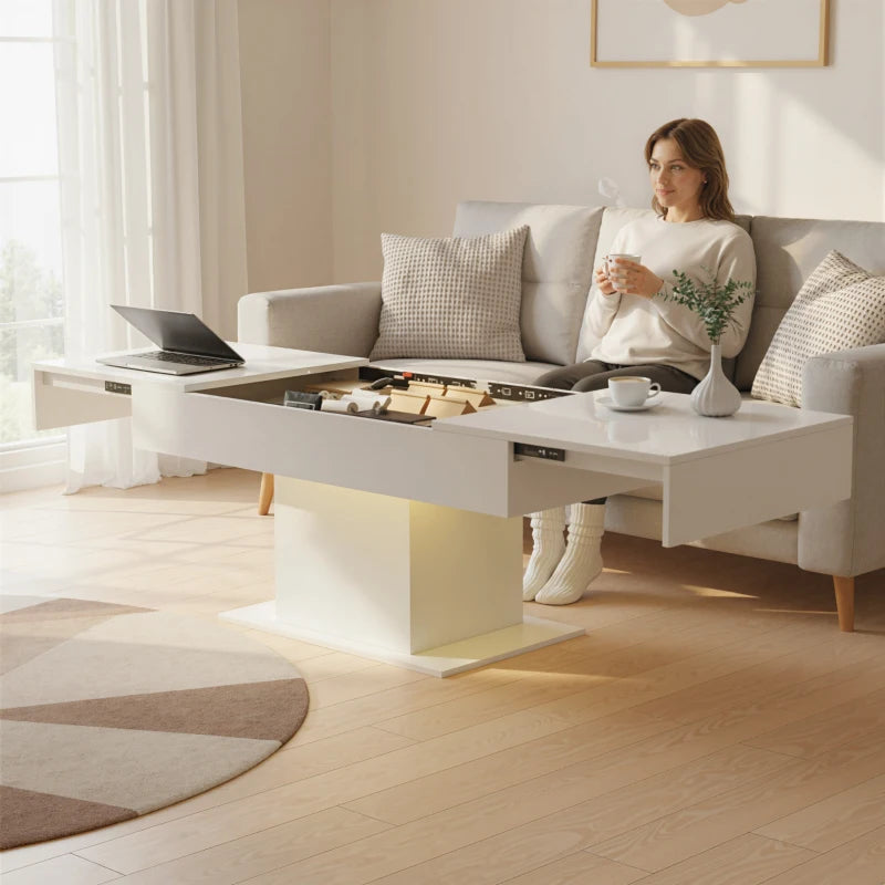 Extendable Coffee Table with LED Lights, Modern High Gloss Center Table with Hidden Storage for Living Room, White