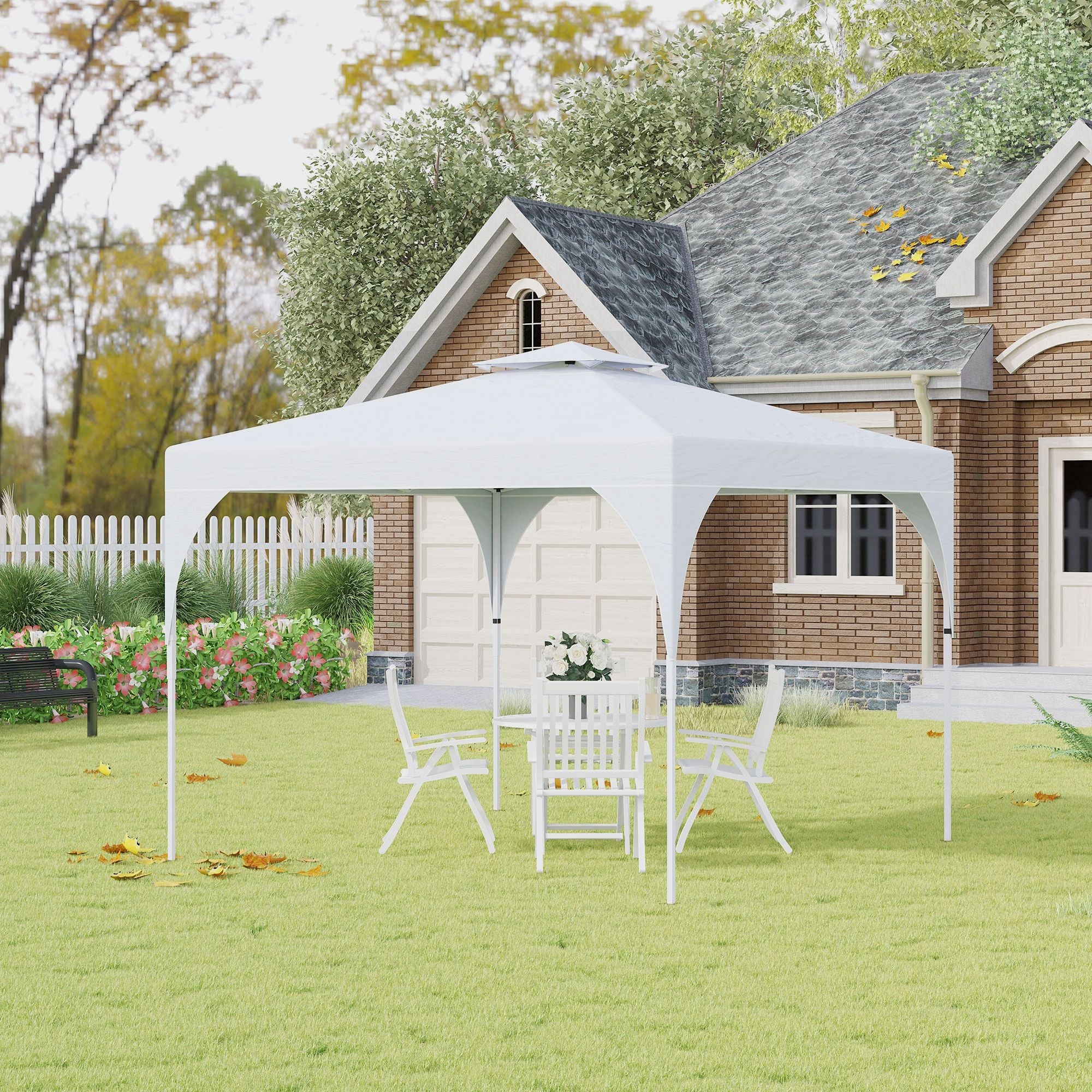 Outsunny 10'x10' Pop Up Canopy, Easy Set Up Party Tent with 2 Tier Vented Roof and Carrying Bag for Outdoor, Garden, Camping, White