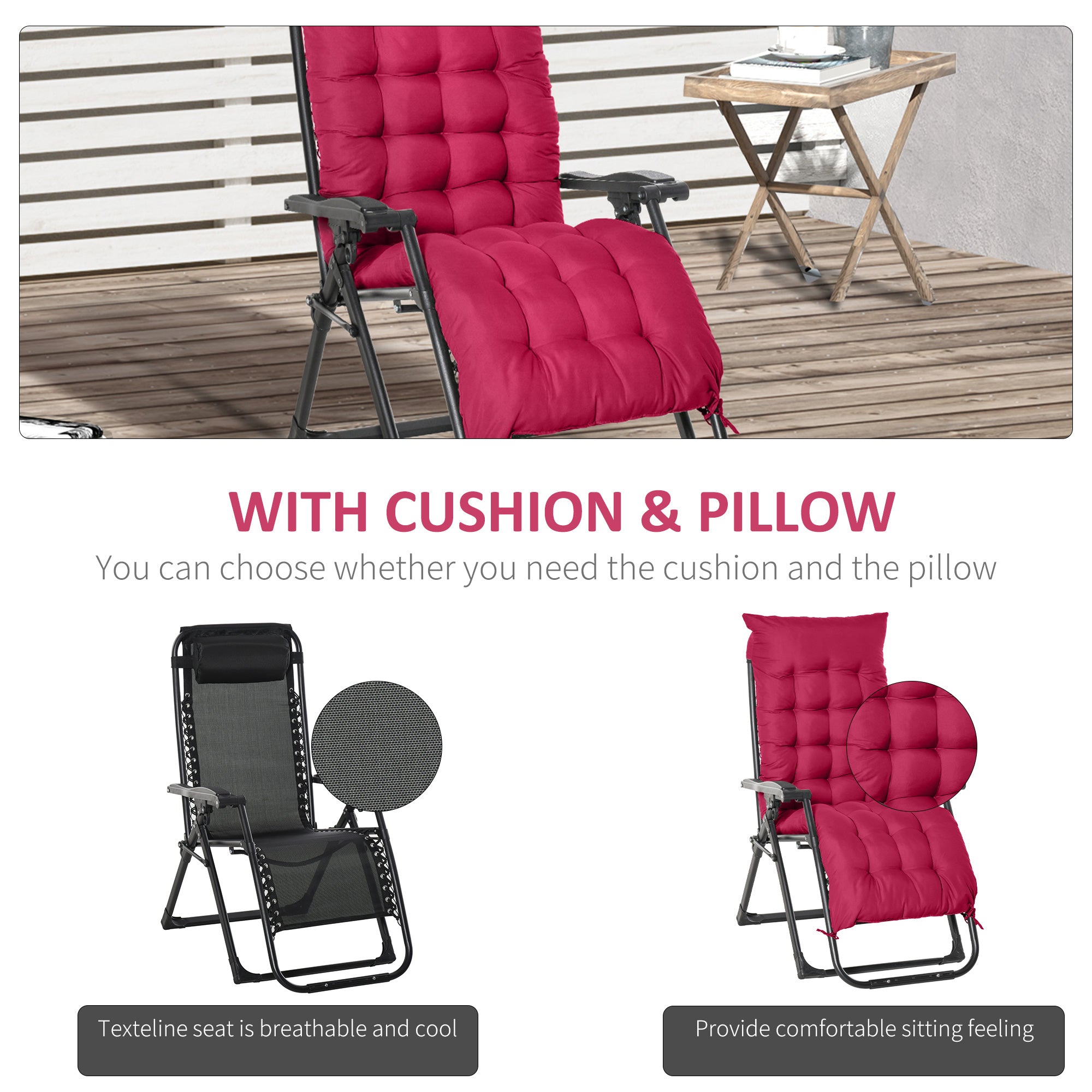 Outsunny Reclining Zero Gravity Chair Folding Garden Sun Lounger with Cushion Headrest Red