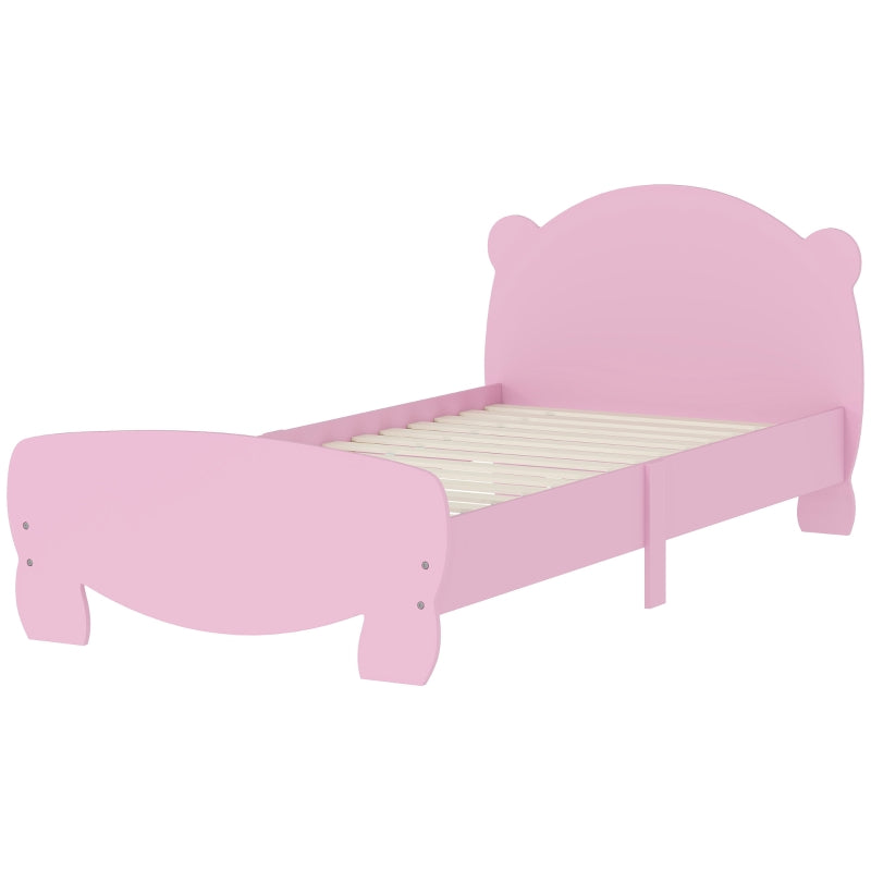 Qaba Twin Bed Frame with Bear Shaped Headboard & Footboard, Slats Support, No Box Spring Needed, for Boys, Girls, Pink