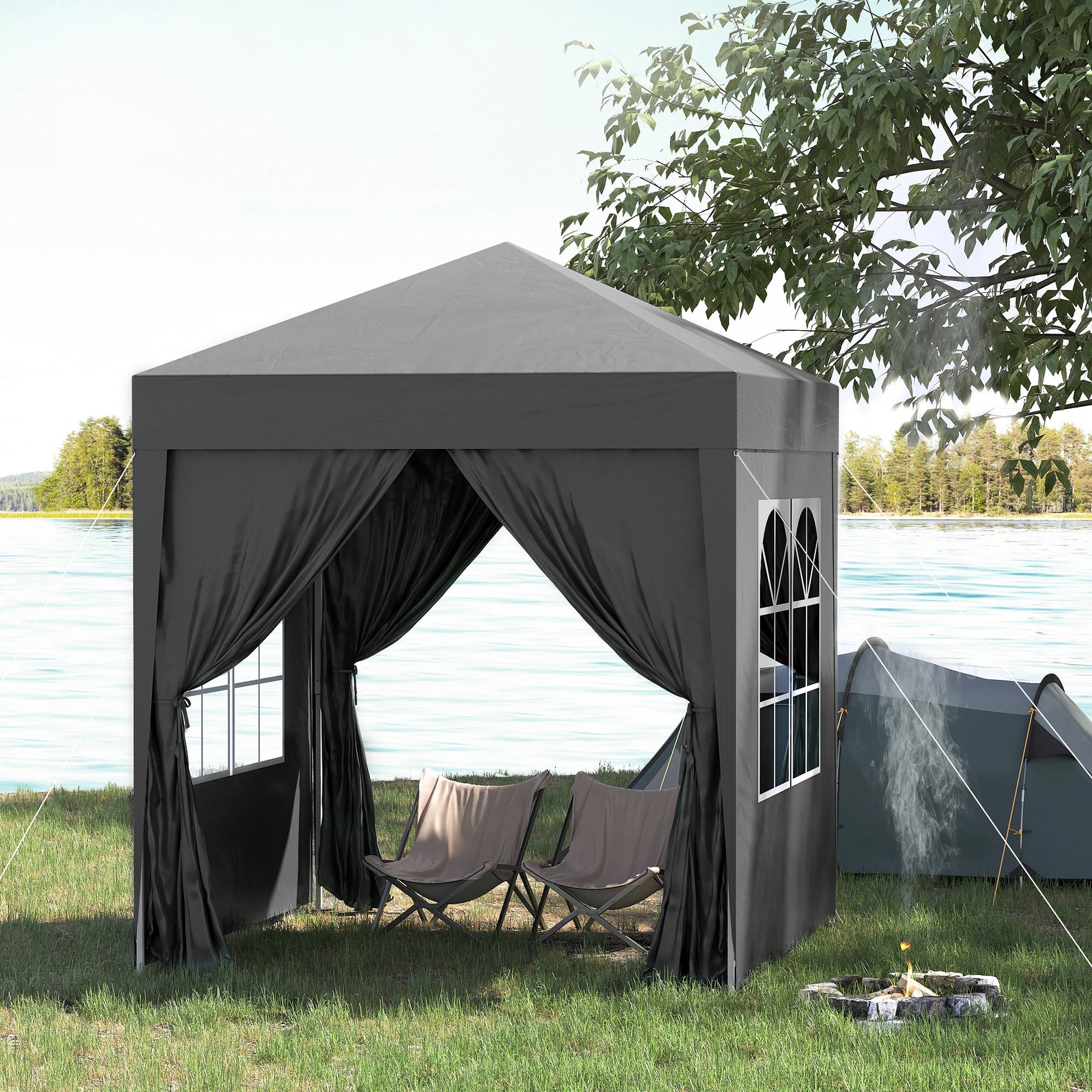 Outsunny 6.6x6.6ft Easy Pop Up Party Tent with Side Walls - Outdoor Folding Gazebo, Black