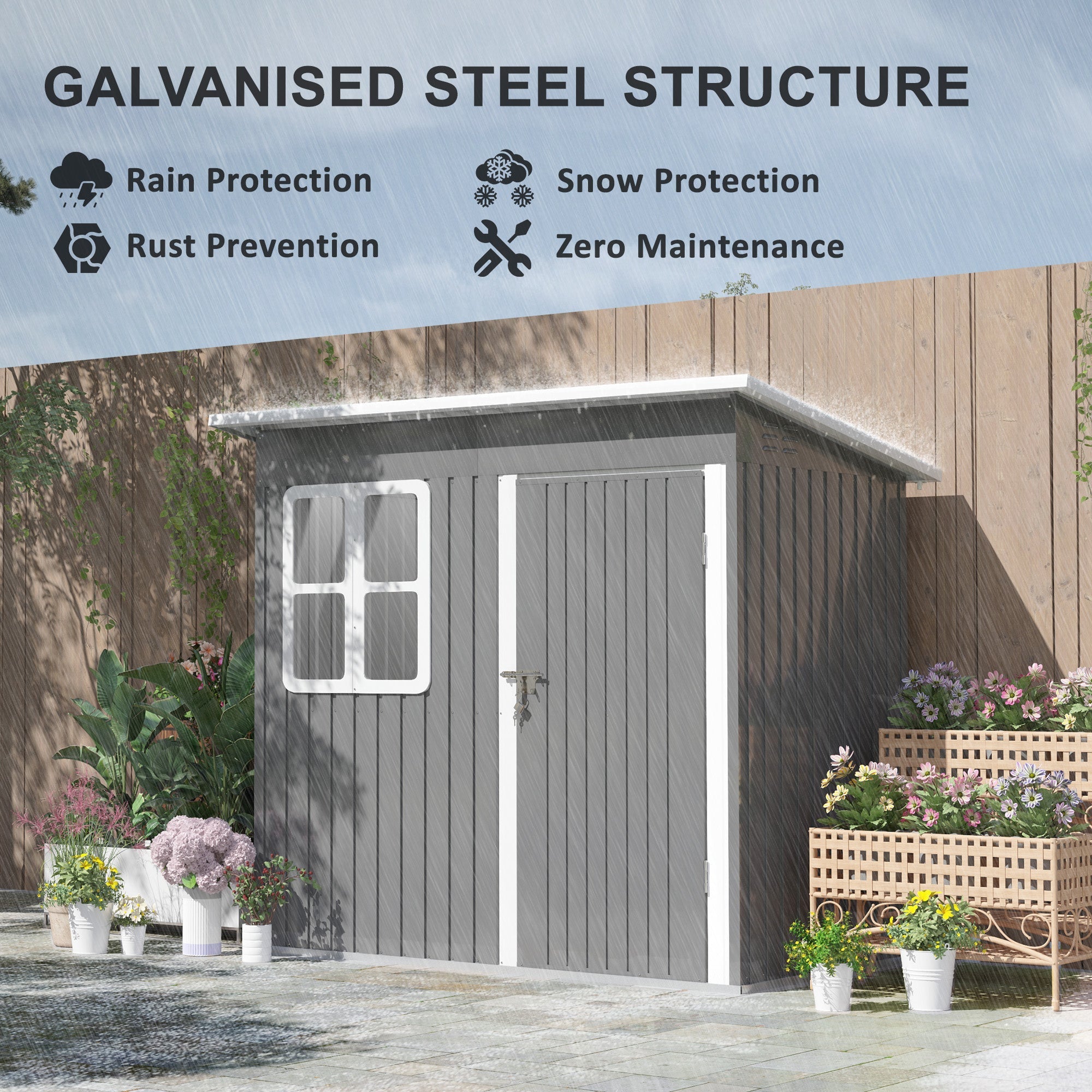Outsunny 7' x 4' Galvanised Steel Outdoor Storage Shed, Garden Shed with Window, Lockable Wide Door and Air Vents, Dark Grey